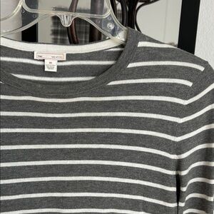 GAP Gray and White Striped Crewneck Sweater